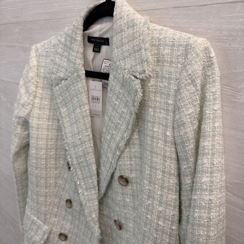 Ann Taylor Mint/ White Tweed Double Breasted Blazer Jacket 6