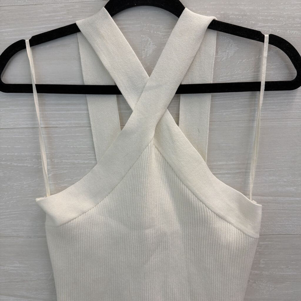 Fab'rik White Ribbed Cross Neck Cropped Tank Top Medium