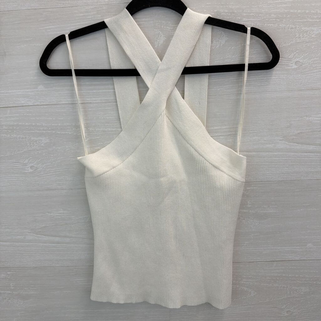 Fab'rik White Ribbed Cross Neck Cropped Tank Top Medium
