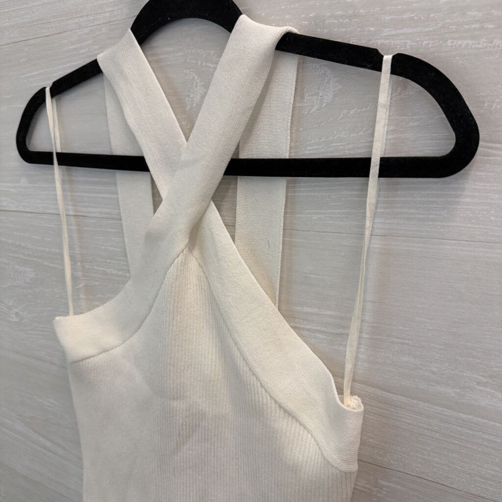Fab'rik White Ribbed Cross Neck Cropped Tank Top Medium