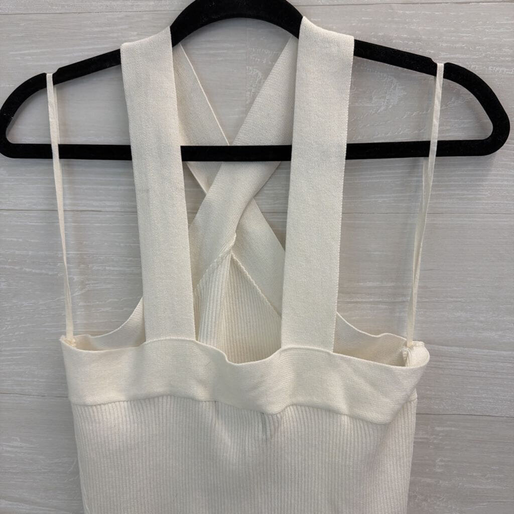 Fab'rik White Ribbed Cross Neck Cropped Tank Top Medium