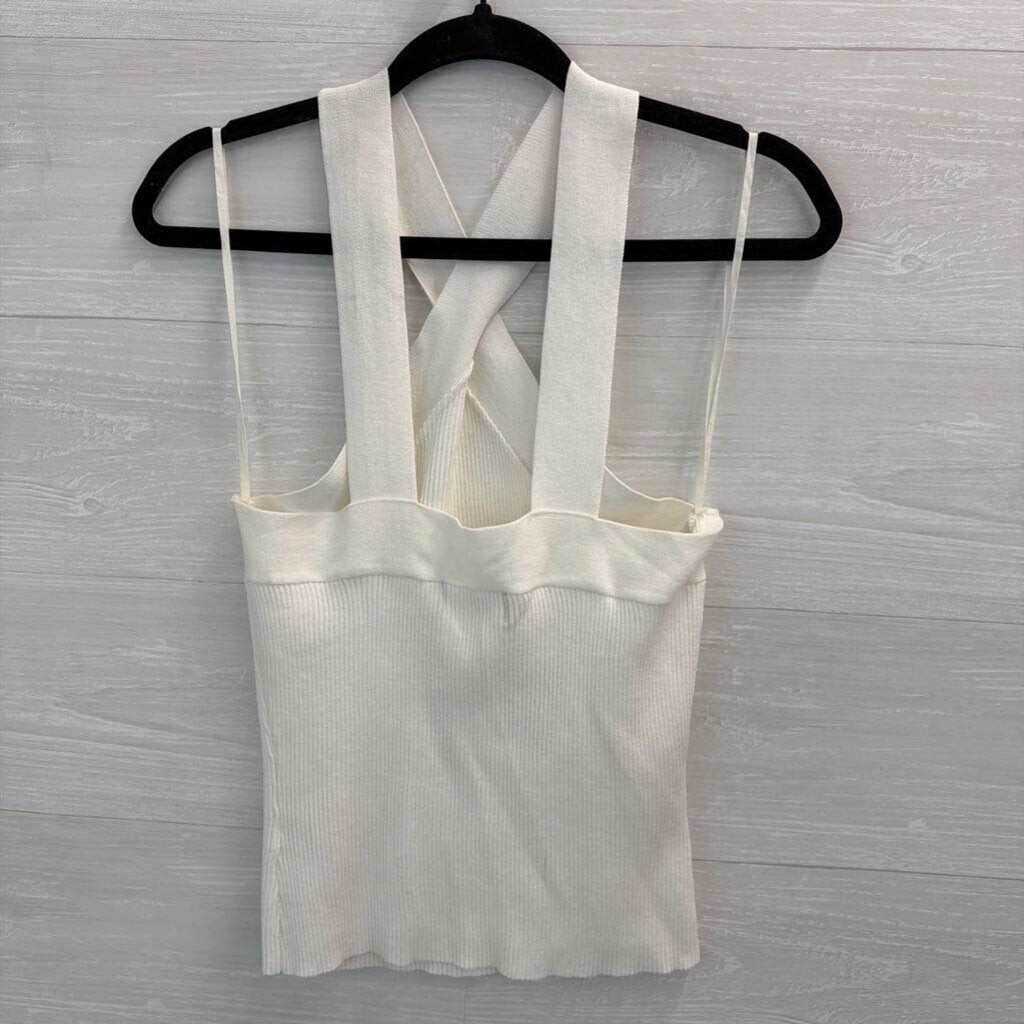 Fab'rik White Ribbed Cross Neck Cropped Tank Top Medium