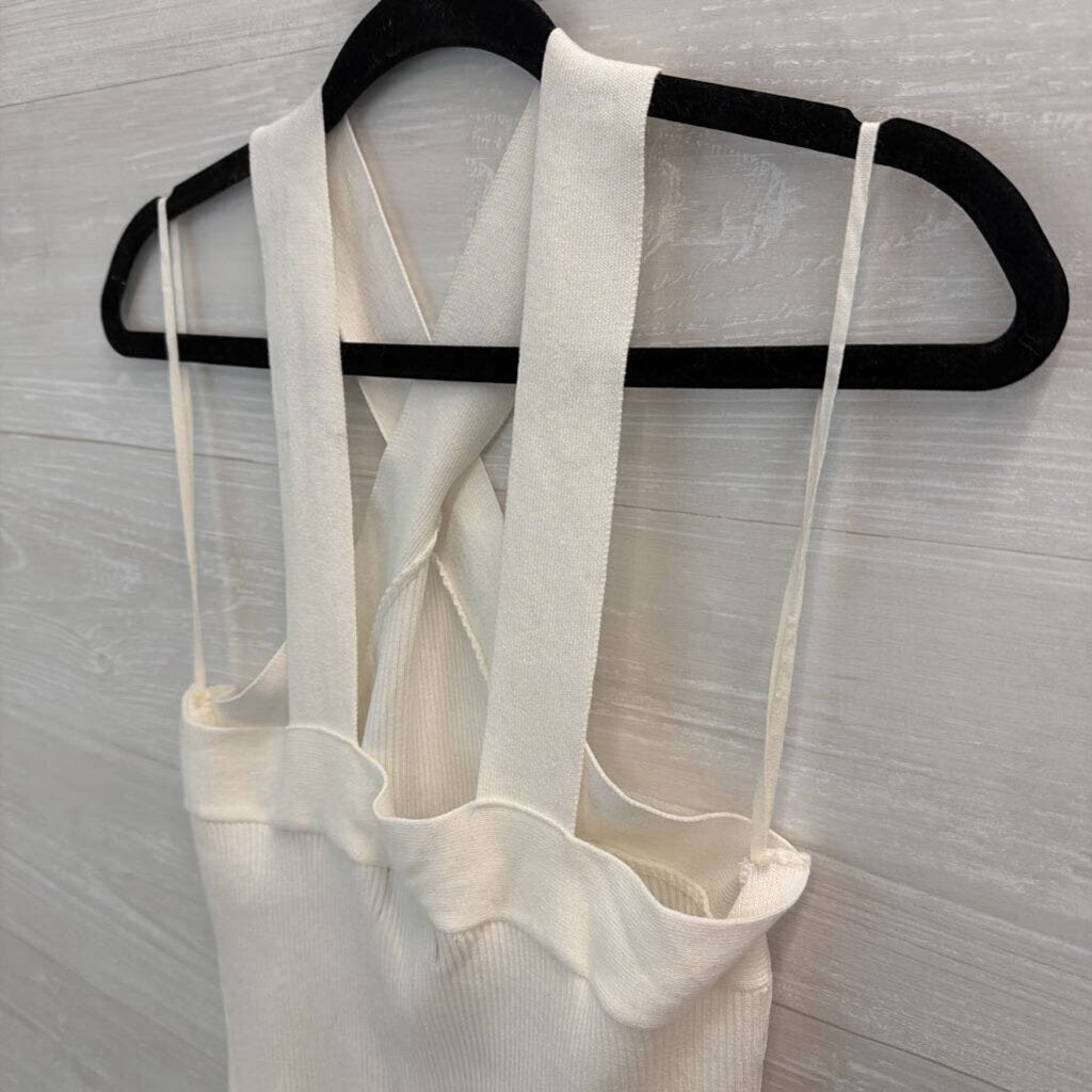 Fab'rik White Ribbed Cross Neck Cropped Tank Top Medium