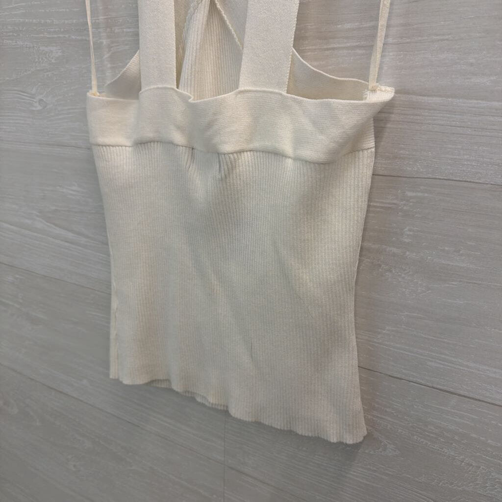 Fab'rik White Ribbed Cross Neck Cropped Tank Top Medium