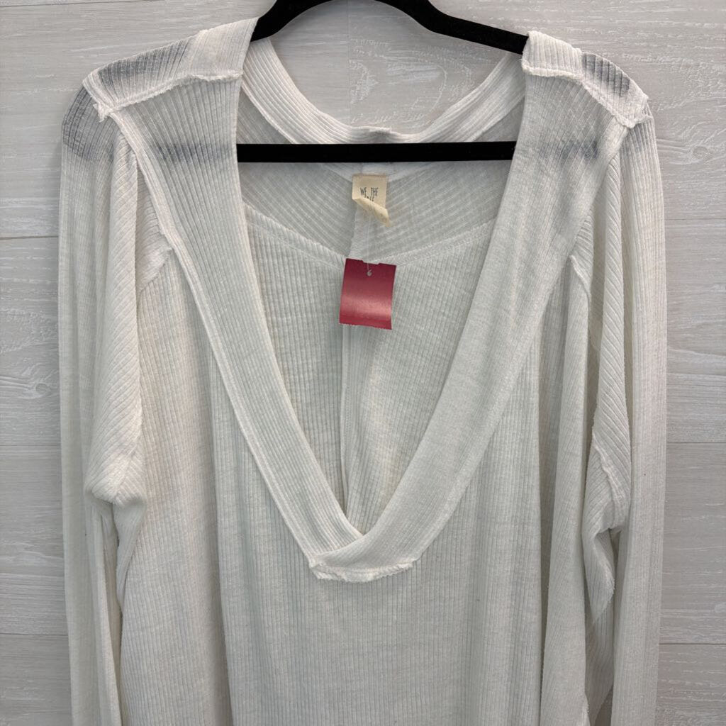 We The Free White Ribbed Deep V Neck Long Sleeve Top Large