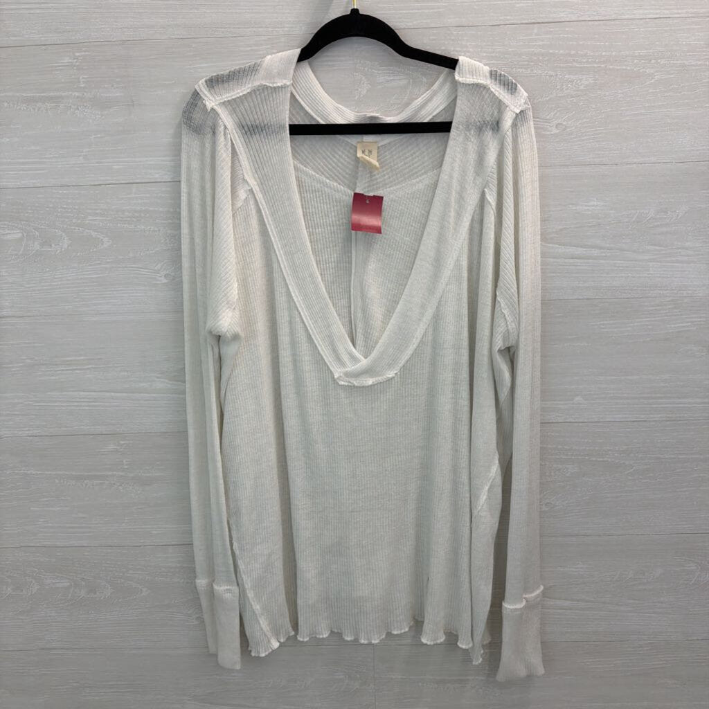 We The Free White Ribbed Deep V Neck Long Sleeve Top Large