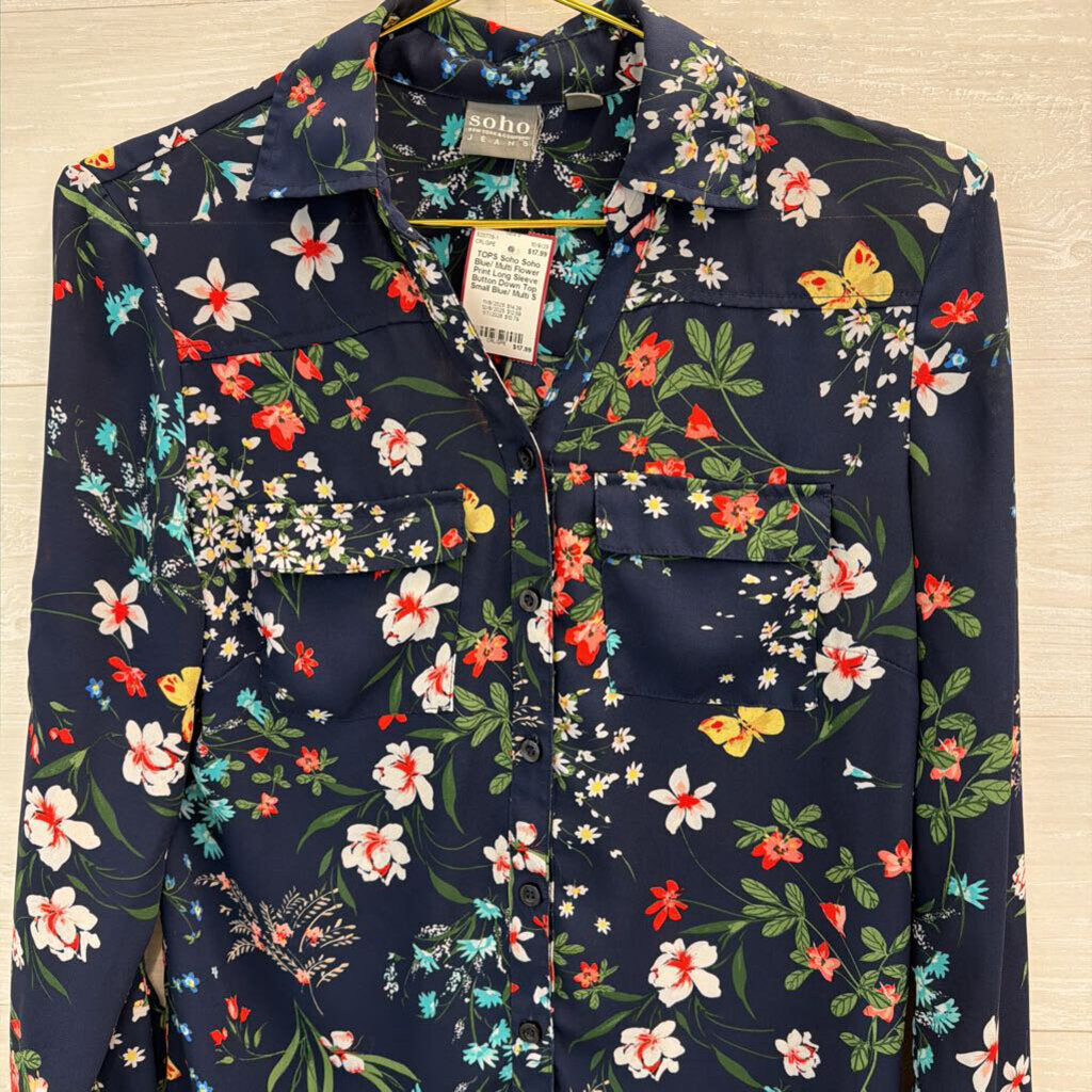 Soho Blue/ Multi Flower Print Long Sleeve Button Down Top Small
