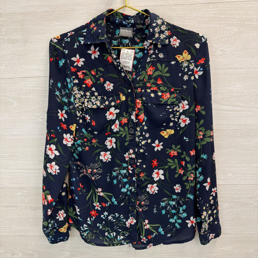 Soho Blue/ Multi Flower Print Long Sleeve Button Down Top Small