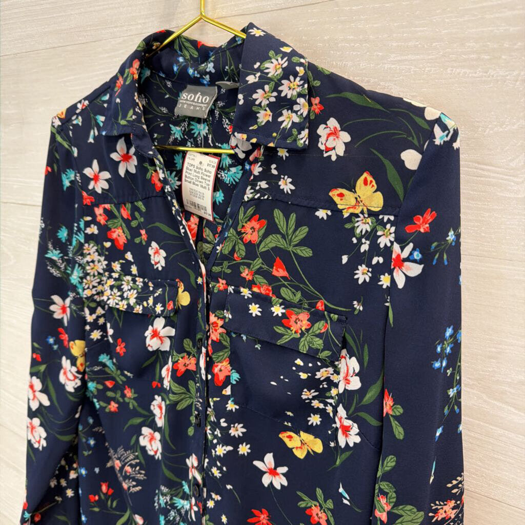 Soho Blue/ Multi Flower Print Long Sleeve Button Down Top Small