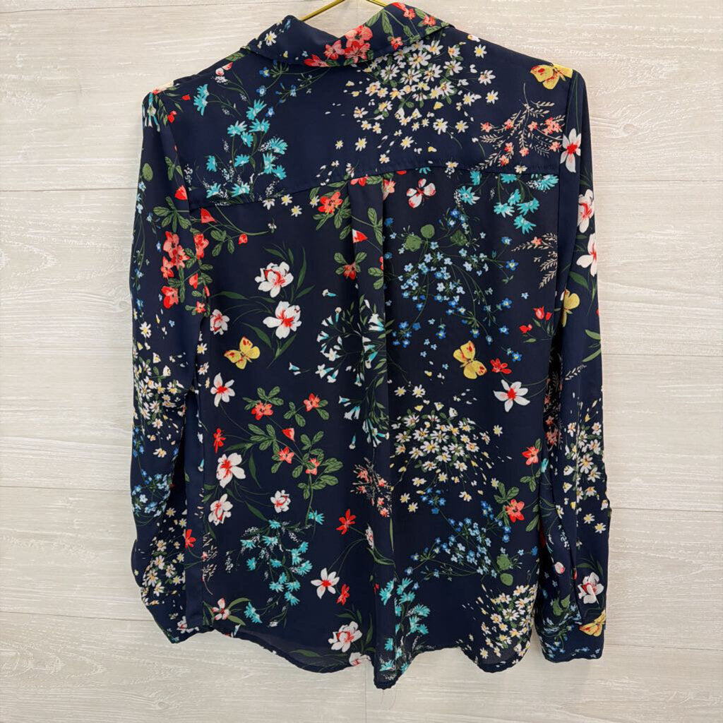 Soho Blue/ Multi Flower Print Long Sleeve Button Down Top Small