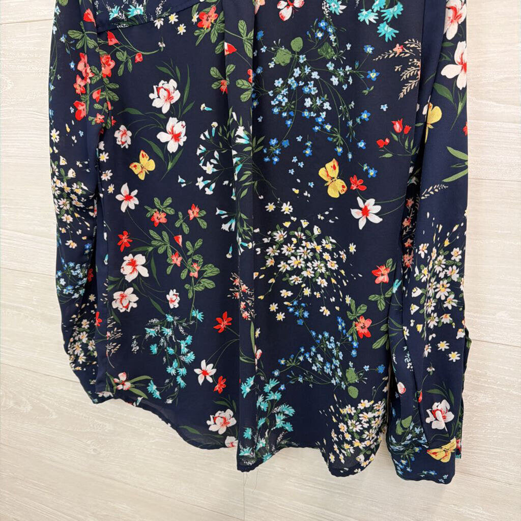 Soho Blue/ Multi Flower Print Long Sleeve Button Down Top Small