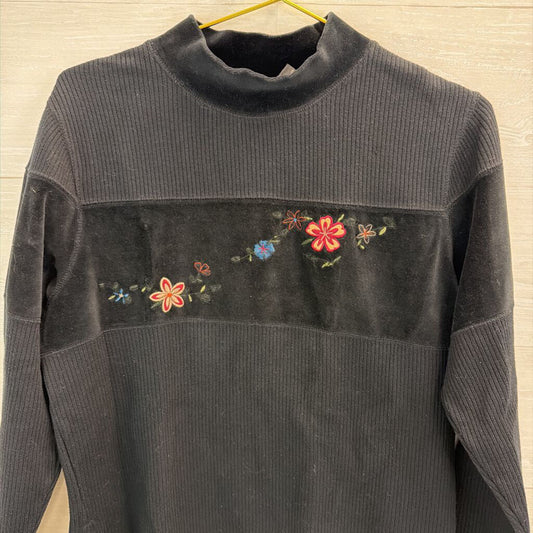Vintage Erika Black Embroidered Flower Mock Neck Long Sleeve Top Large Petite
