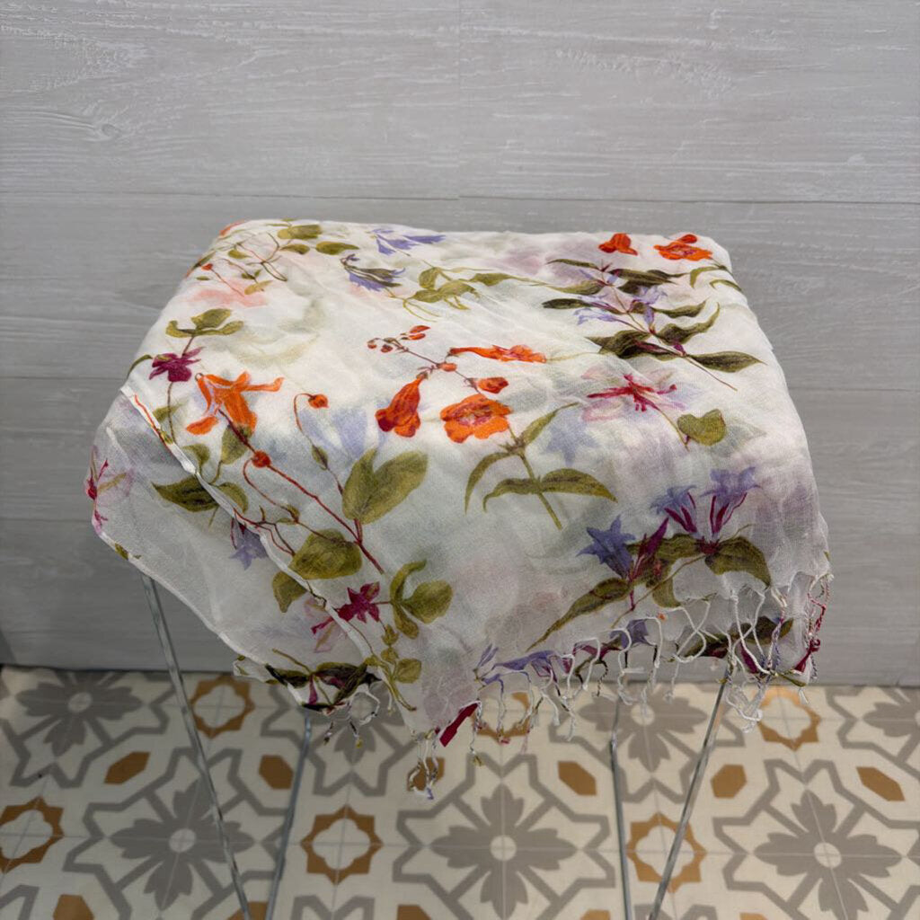 Lands End White/ Multi Flower Print Soft Scarf