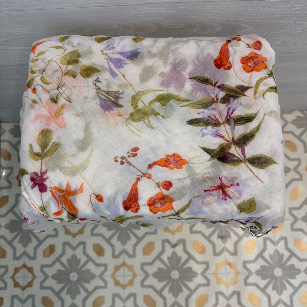 Lands End White/ Multi Flower Print Soft Scarf