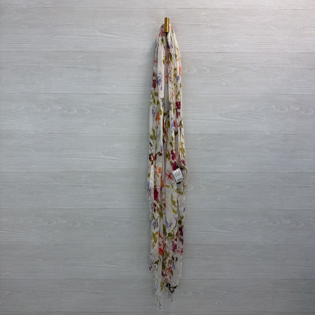 Lands End White/ Multi Flower Print Soft Scarf