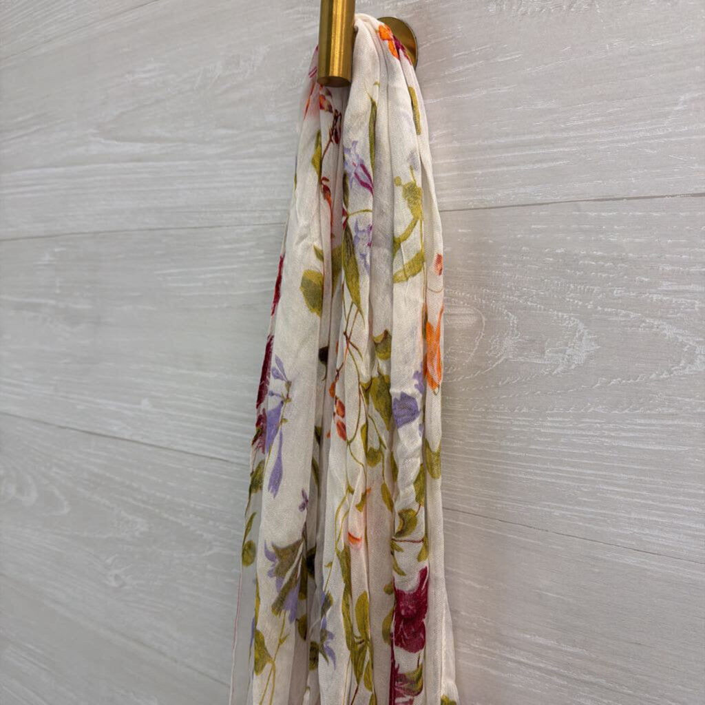 Lands End White/ Multi Flower Print Soft Scarf