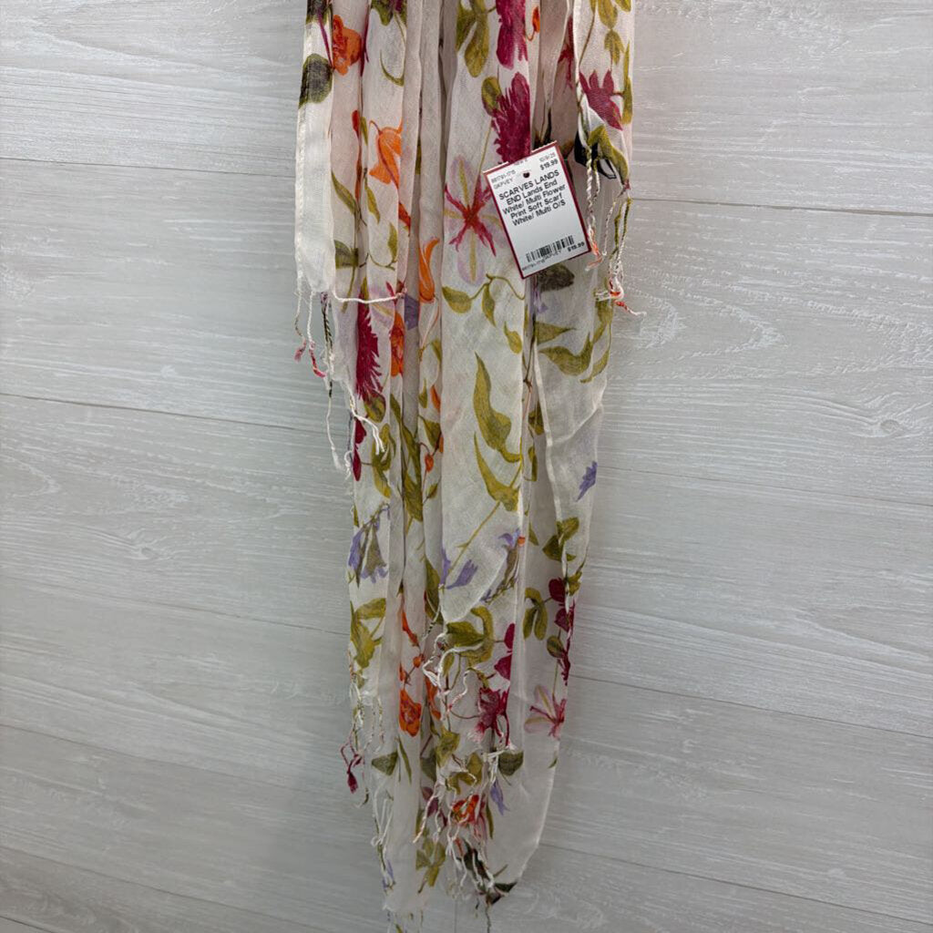 Lands End White/ Multi Flower Print Soft Scarf