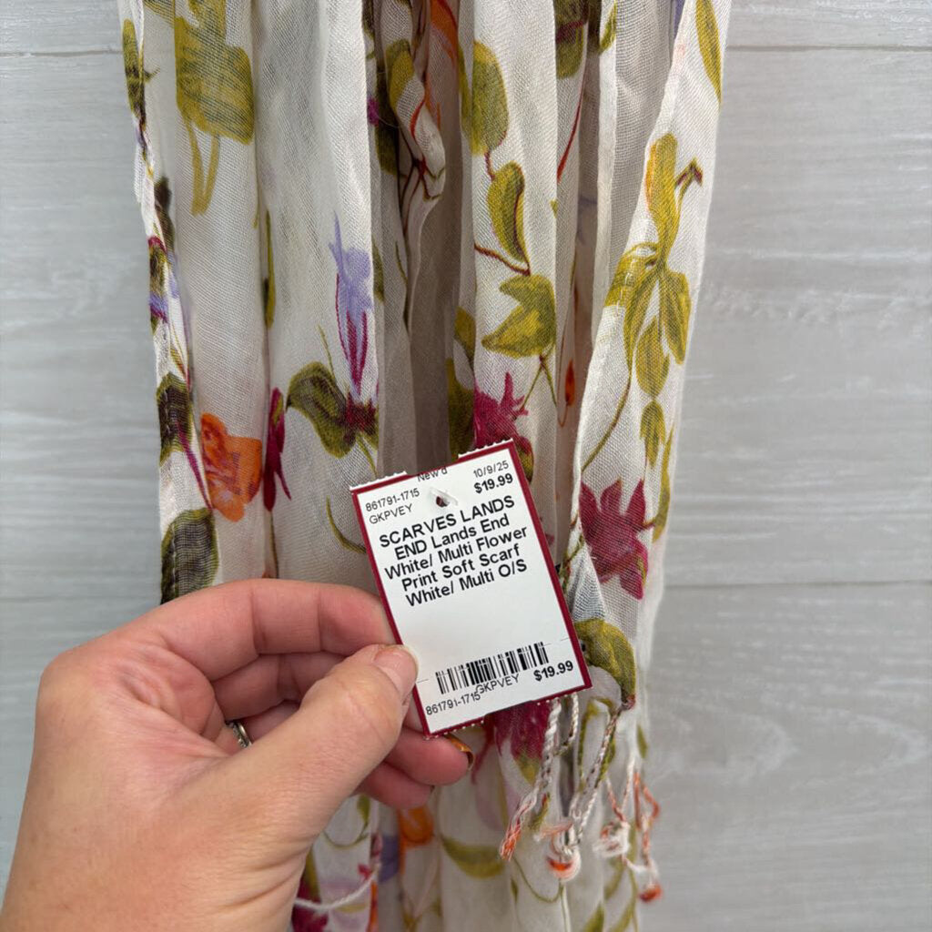 Lands End White/ Multi Flower Print Soft Scarf