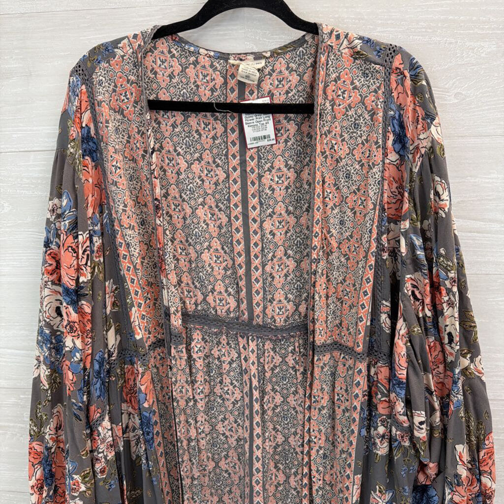 Romantic Gypsy Grey/ Multi Flower Print Long Sleeve Open Front Kimono Top 4X