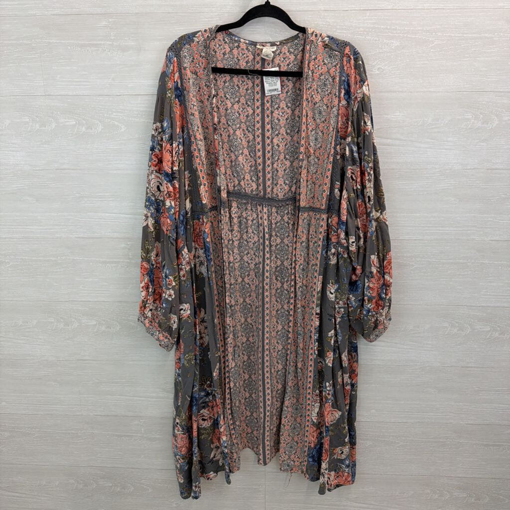 Romantic Gypsy Grey/ Multi Flower Print Long Sleeve Open Front Kimono Top 4X