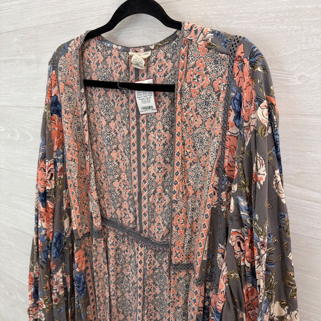 Romantic Gypsy Grey/ Multi Flower Print Long Sleeve Open Front Kimono Top 4X