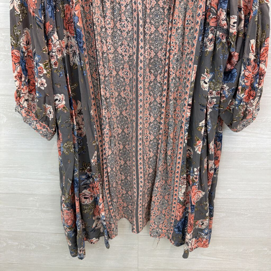 Romantic Gypsy Grey/ Multi Flower Print Long Sleeve Open Front Kimono Top 4X