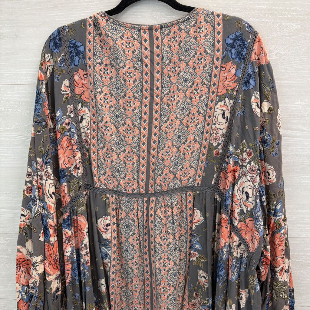 Romantic Gypsy Grey/ Multi Flower Print Long Sleeve Open Front Kimono Top 4X