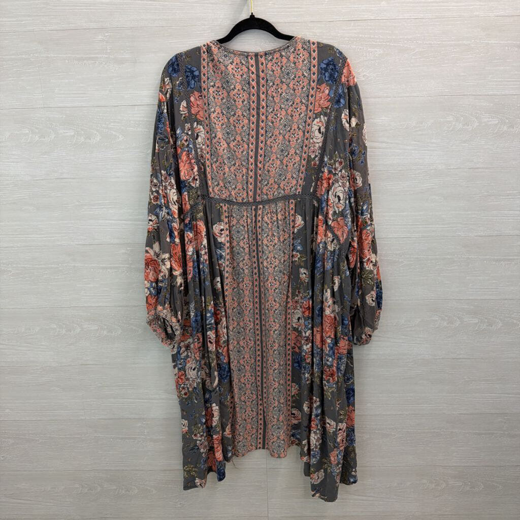 Romantic Gypsy Grey/ Multi Flower Print Long Sleeve Open Front Kimono Top 4X