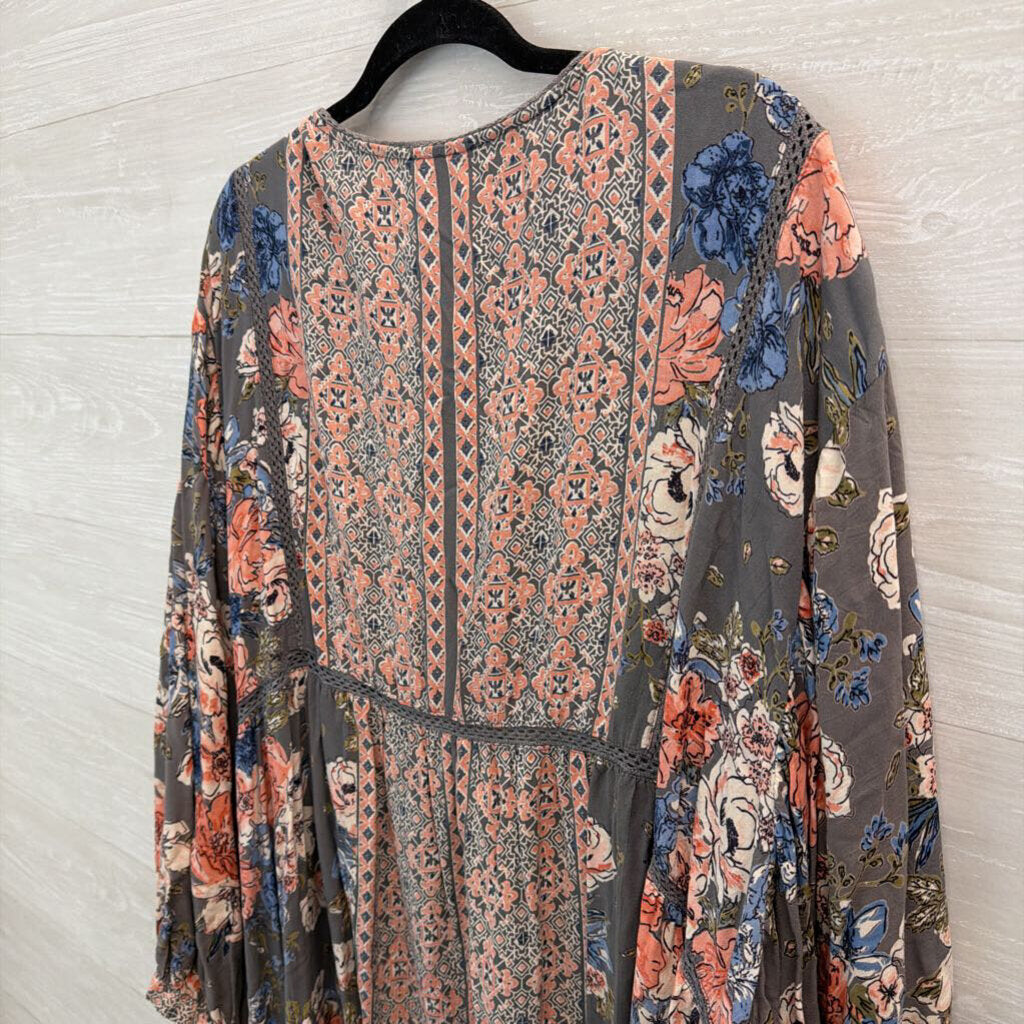 Romantic Gypsy Grey/ Multi Flower Print Long Sleeve Open Front Kimono Top 4X