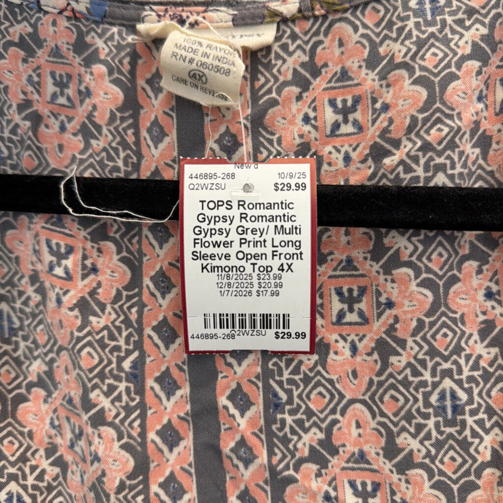 Romantic Gypsy Grey/ Multi Flower Print Long Sleeve Open Front Kimono Top 4X