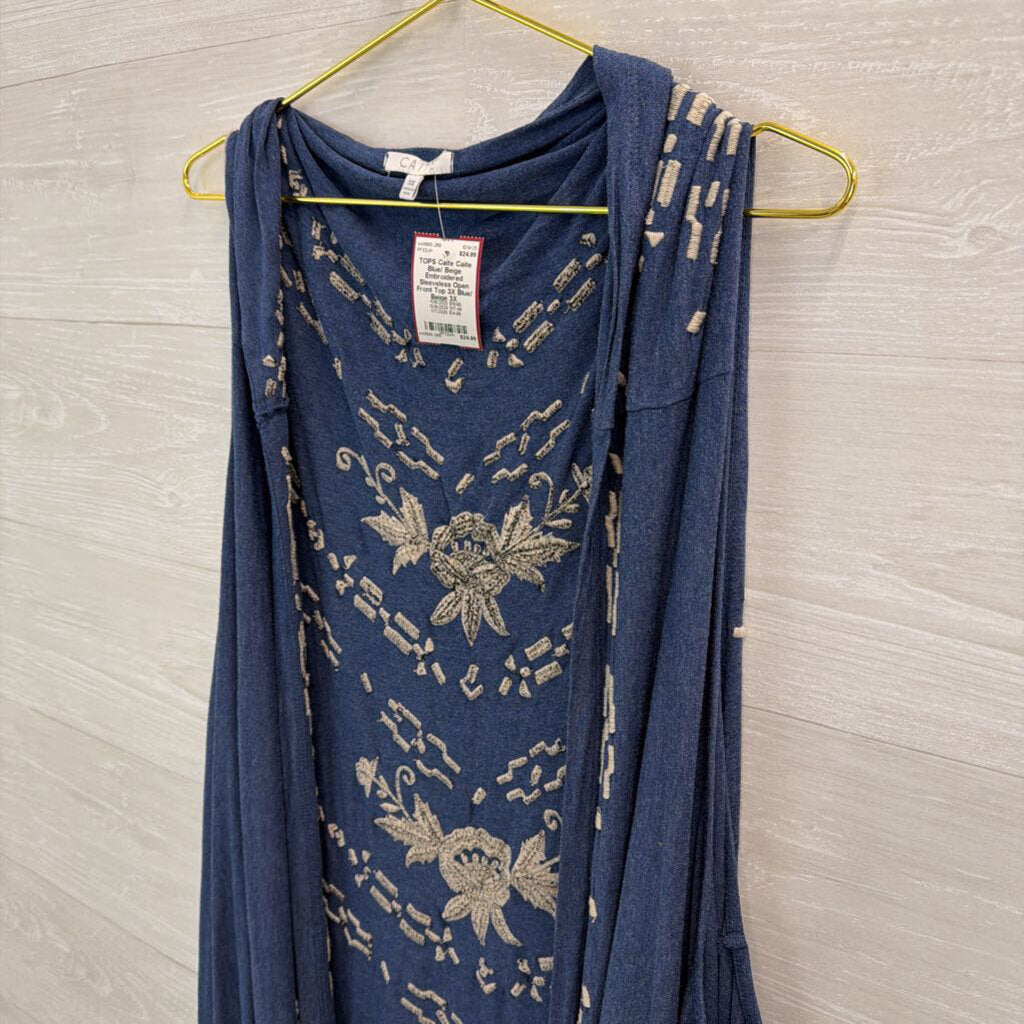 Caite Blue/ Beige Embroidered Sleeveless Open Front Top 3X