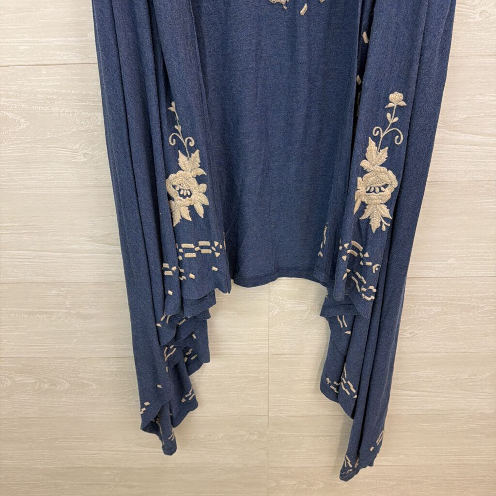 Caite Blue/ Beige Embroidered Sleeveless Open Front Top 3X