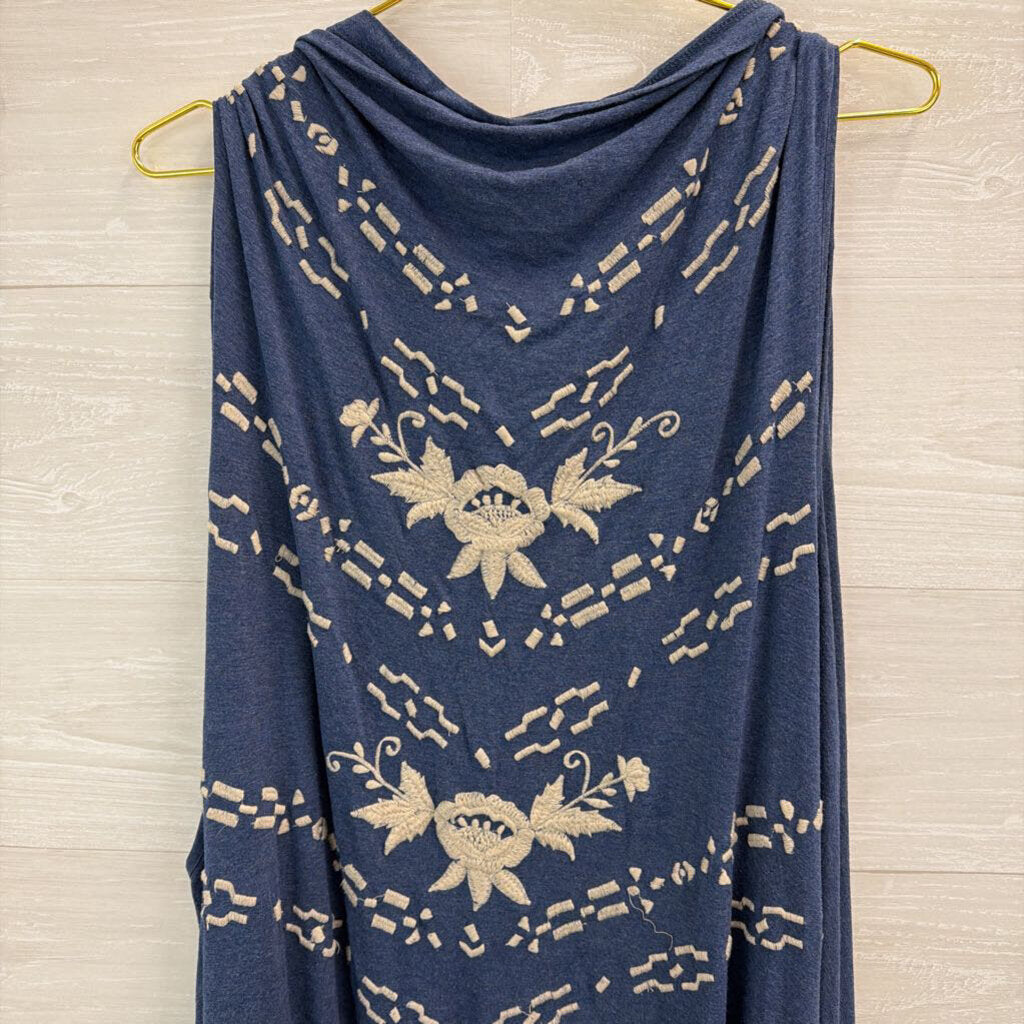 Caite Blue/ Beige Embroidered Sleeveless Open Front Top 3X