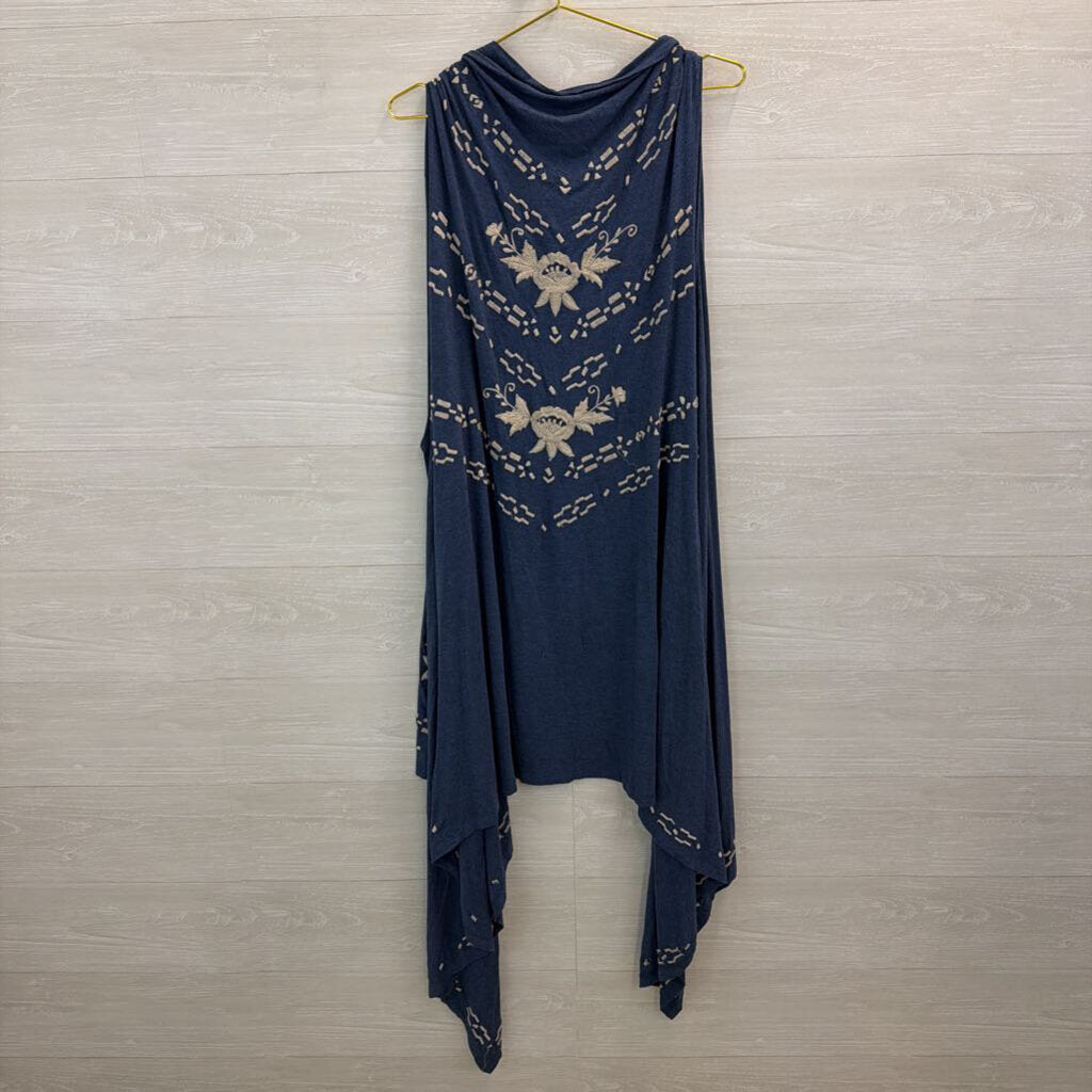 Caite Blue/ Beige Embroidered Sleeveless Open Front Top 3X