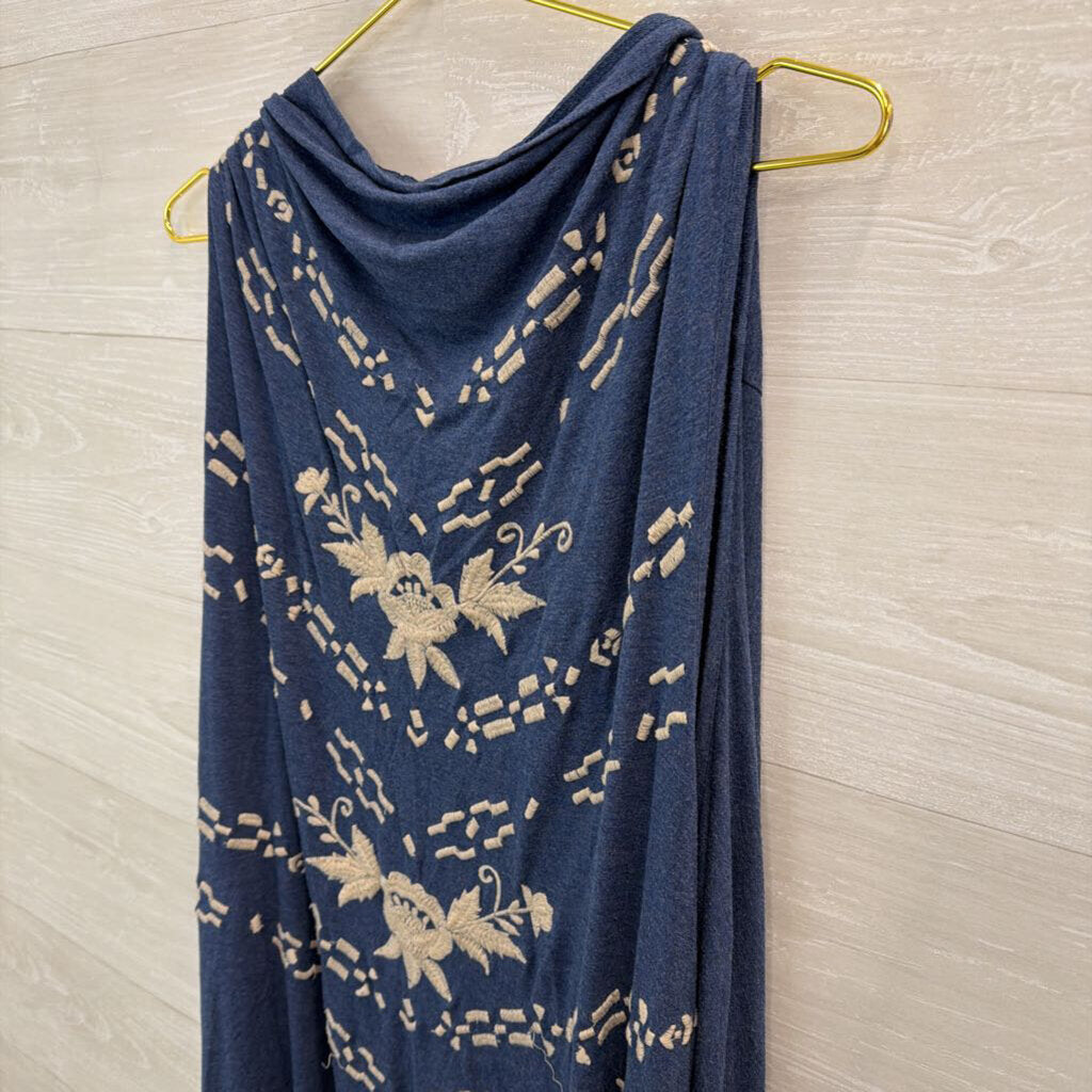 Caite Blue/ Beige Embroidered Sleeveless Open Front Top 3X