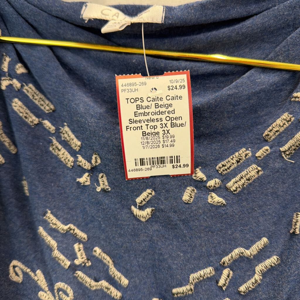 Caite Blue/ Beige Embroidered Sleeveless Open Front Top 3X