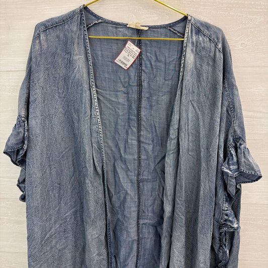 Easel Blue Chambray Short Ruffle Sleeve Open Front Top 1XL
