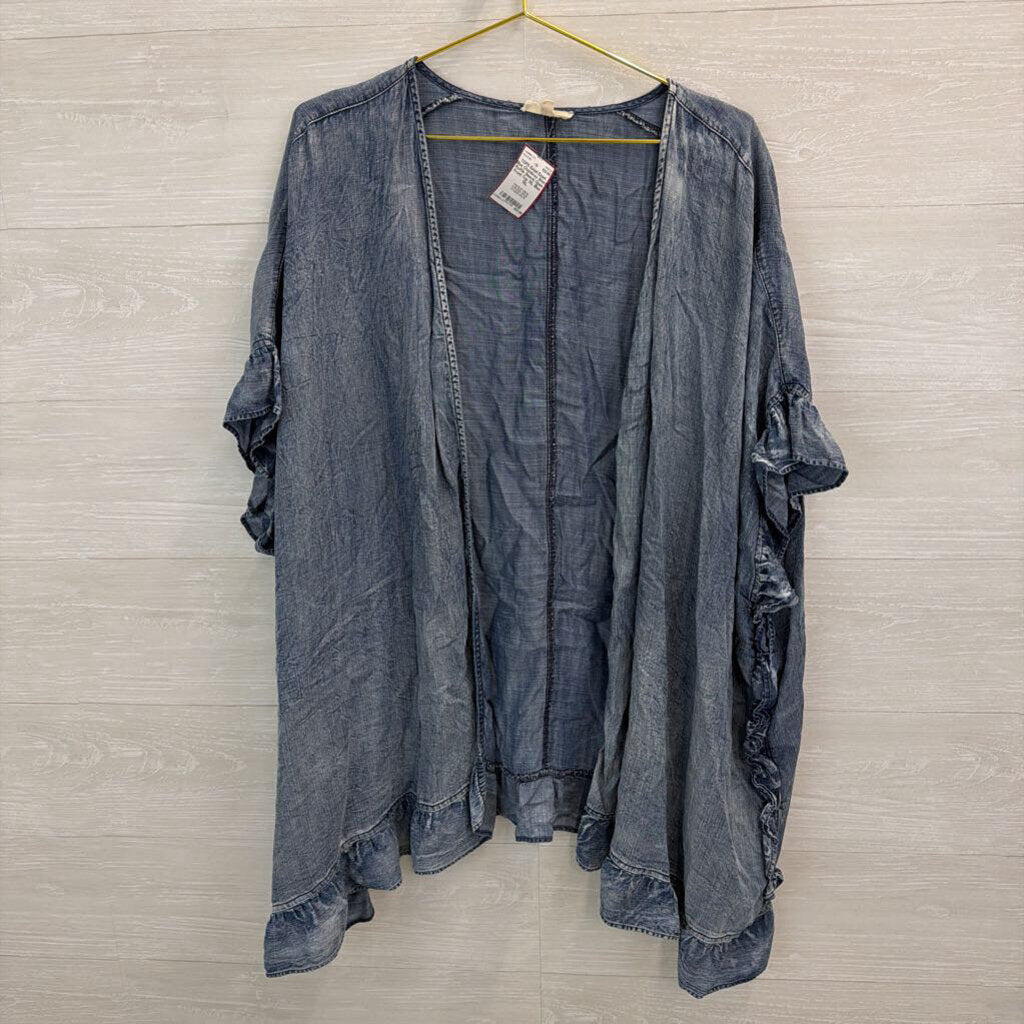 Easel Blue Chambray Short Ruffle Sleeve Open Front Top 1XL