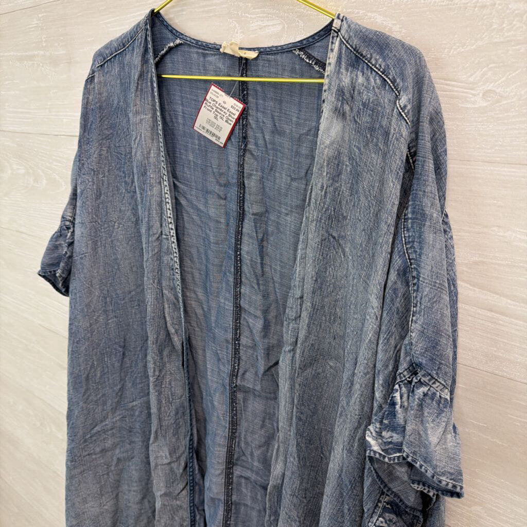 Easel Blue Chambray Short Ruffle Sleeve Open Front Top 1XL