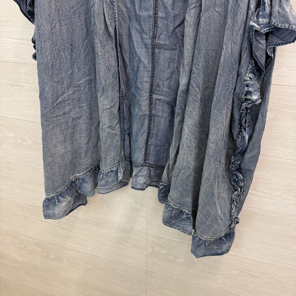 Easel Blue Chambray Short Ruffle Sleeve Open Front Top 1XL