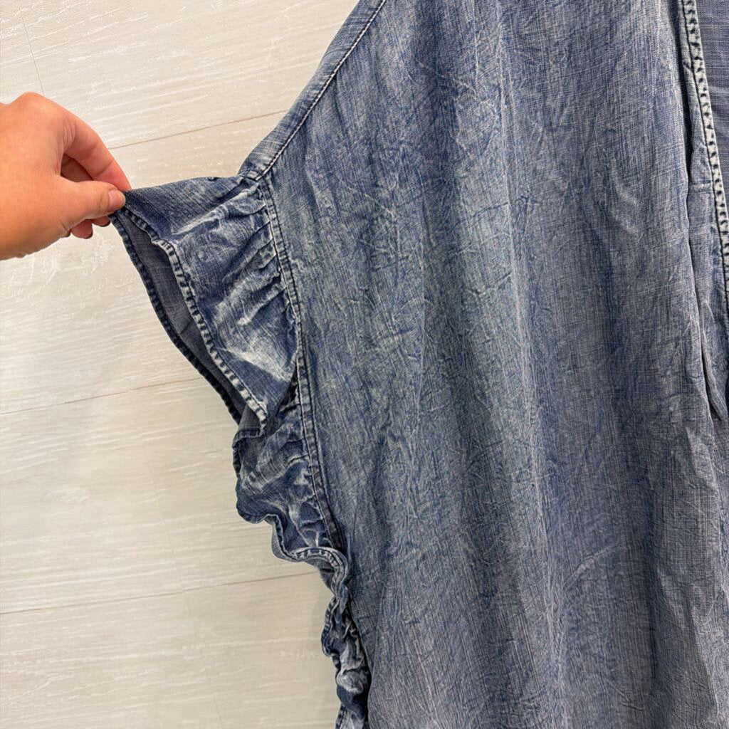 Easel Blue Chambray Short Ruffle Sleeve Open Front Top 1XL