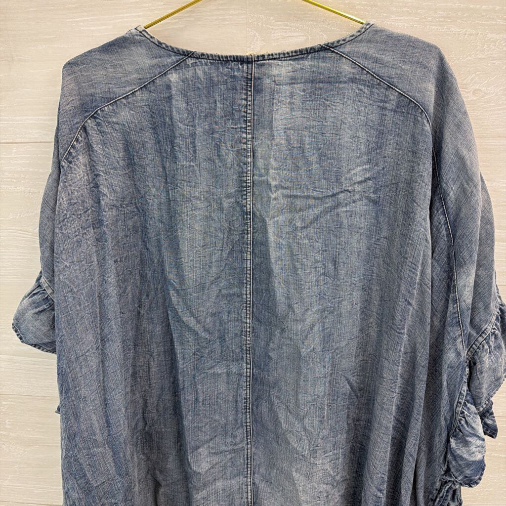 Easel Blue Chambray Short Ruffle Sleeve Open Front Top 1XL