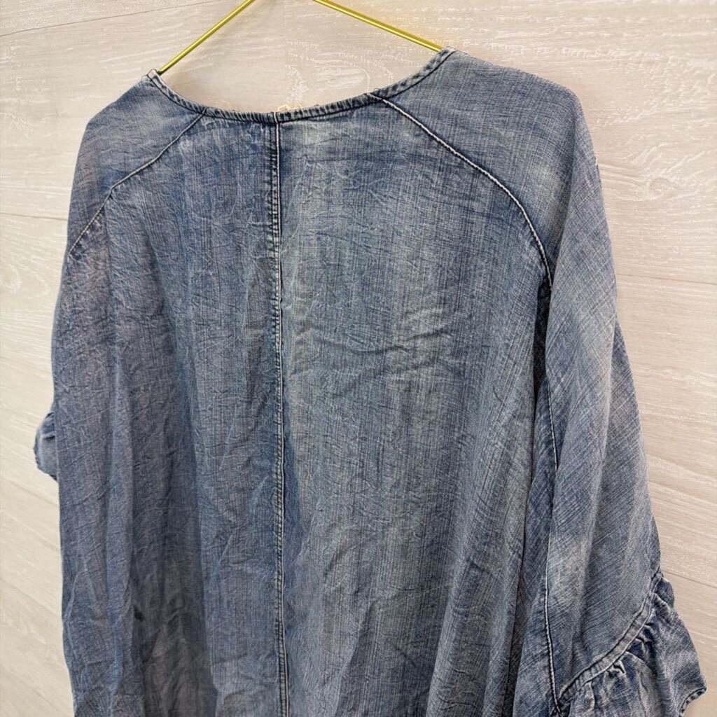 Easel Blue Chambray Short Ruffle Sleeve Open Front Top 1XL