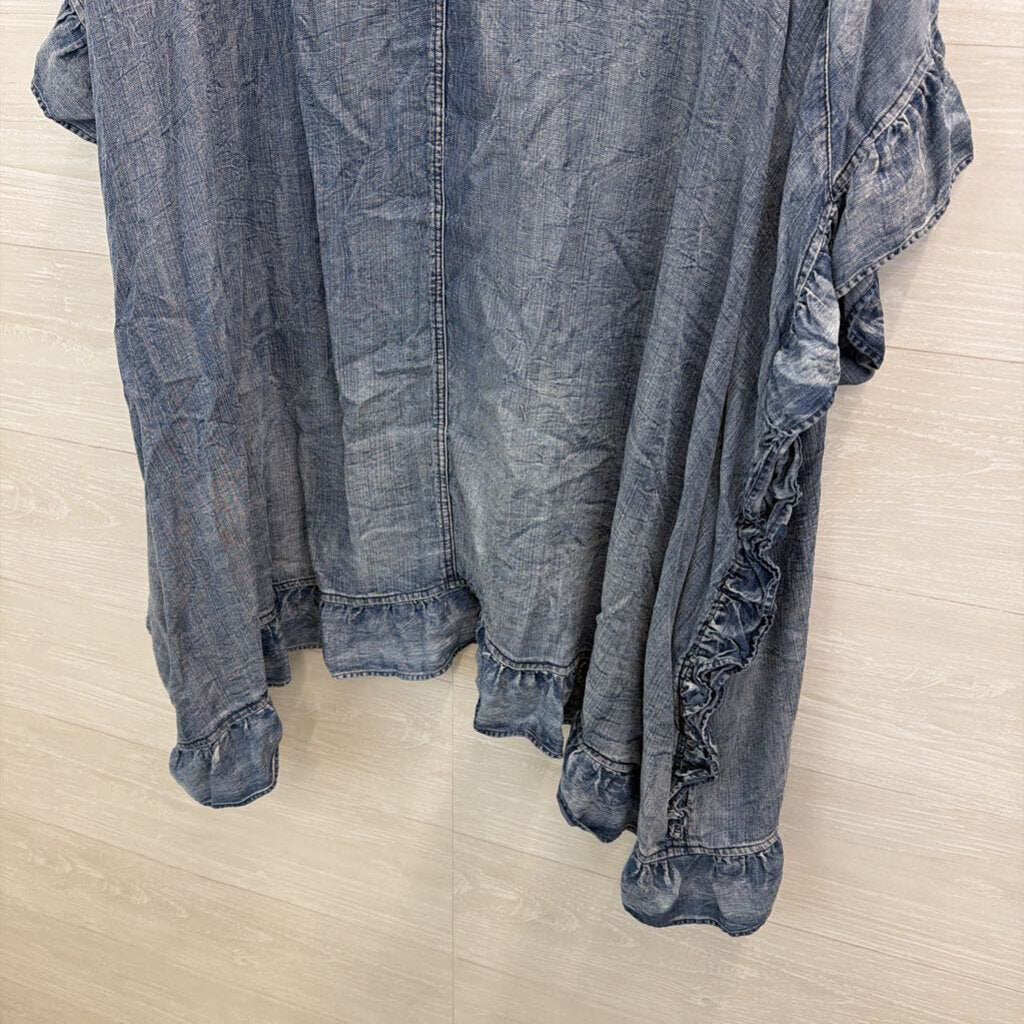 Easel Blue Chambray Short Ruffle Sleeve Open Front Top 1XL