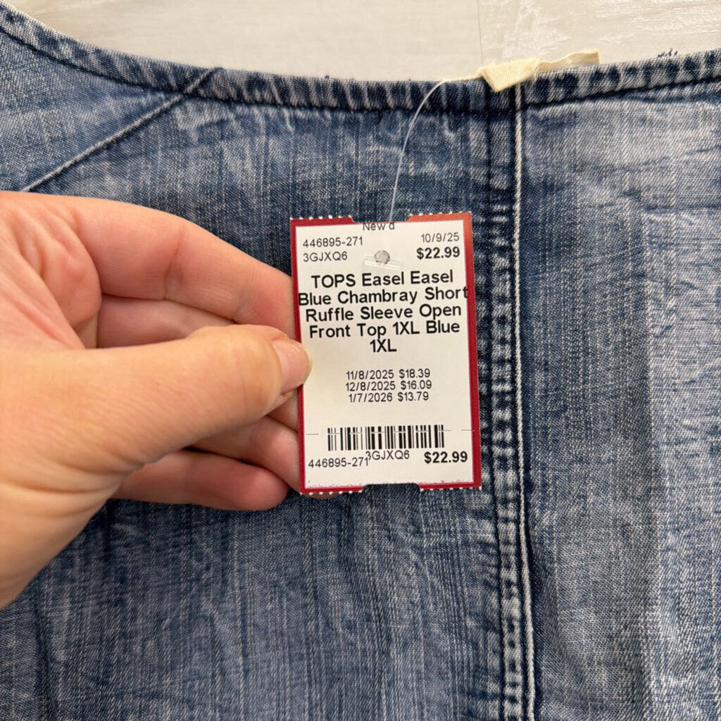 Easel Blue Chambray Short Ruffle Sleeve Open Front Top 1XL