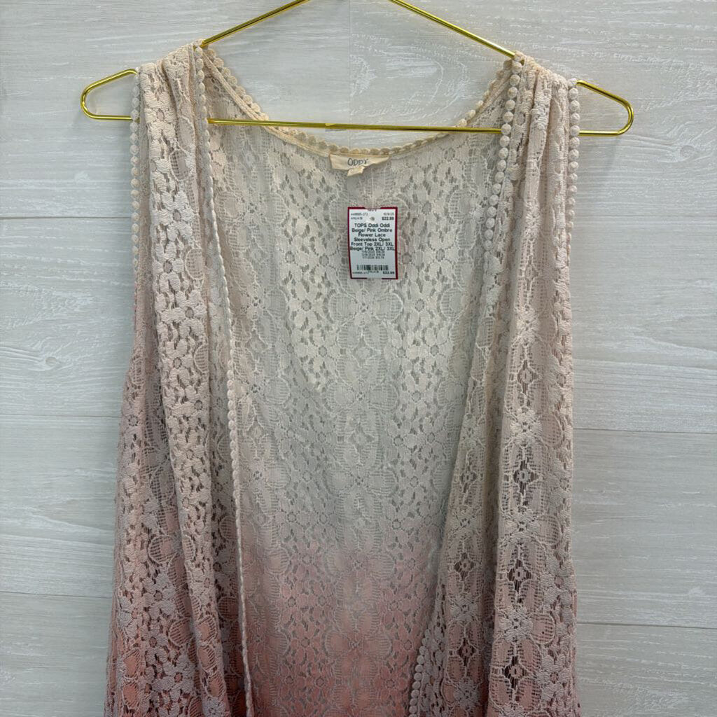 Oddi Beige/ Pink Ombre Flower Lace Sleeveless Open Front Top 2XL/ 3XL