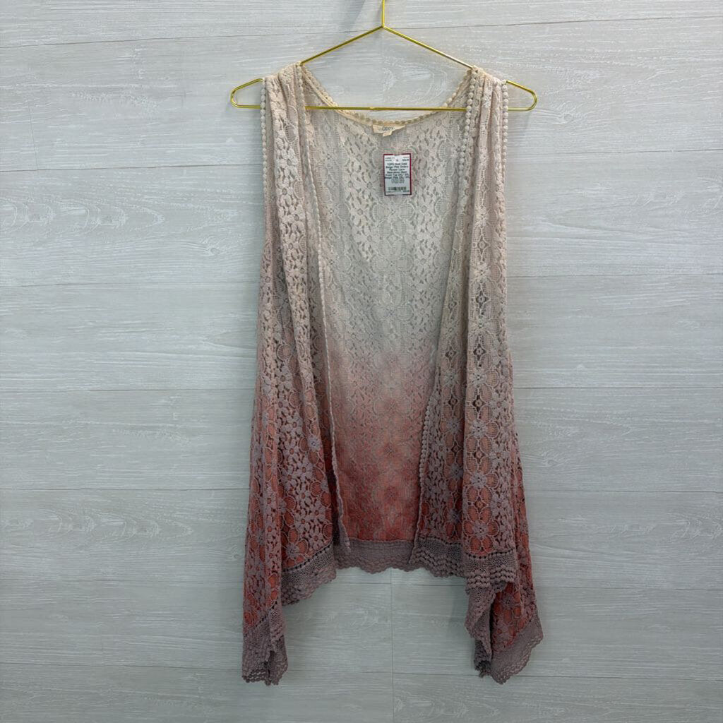 Oddi Beige/ Pink Ombre Flower Lace Sleeveless Open Front Top 2XL/ 3XL