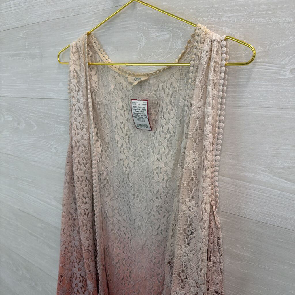 Oddi Beige/ Pink Ombre Flower Lace Sleeveless Open Front Top 2XL/ 3XL