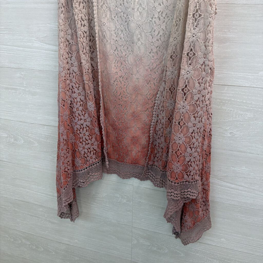 Oddi Beige/ Pink Ombre Flower Lace Sleeveless Open Front Top 2XL/ 3XL