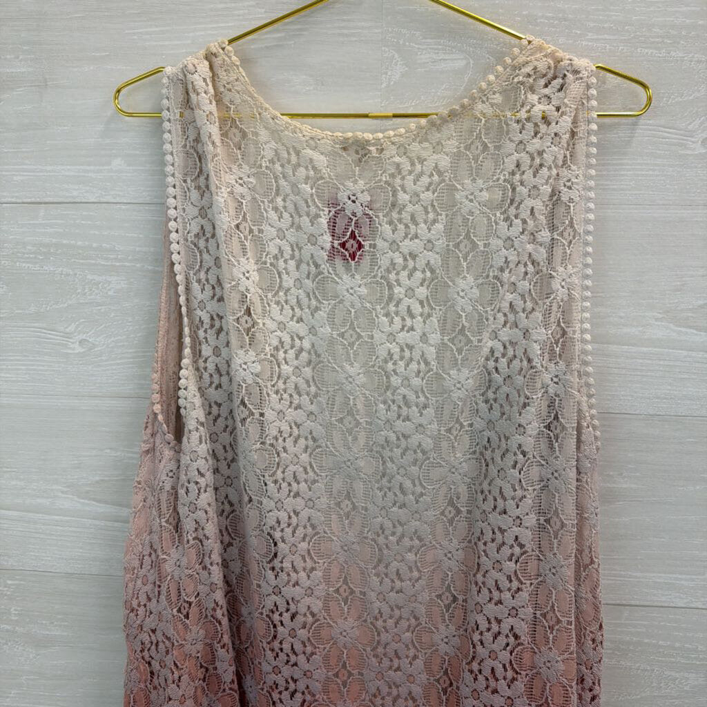 Oddi Beige/ Pink Ombre Flower Lace Sleeveless Open Front Top 2XL/ 3XL